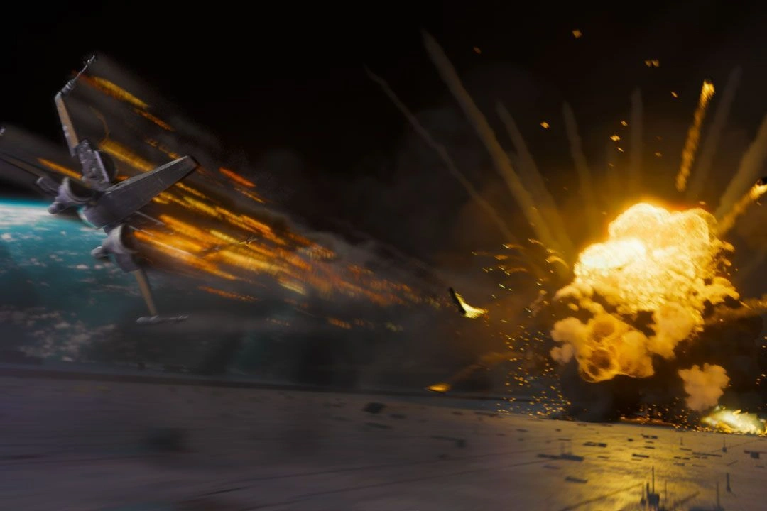 Star Wars battle ship escaping an explosion amidst a galactic battle, with intense action and space scenery.