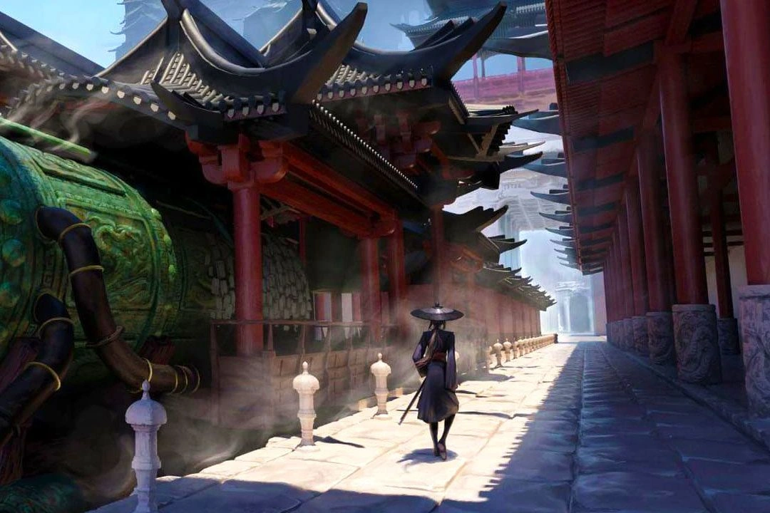 Art illustration of a samurai character walking towards a temple-like structure, designed as part of a game environment.