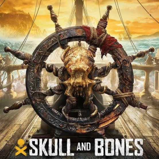 Game poster for Skull and Bones, showcasing the iconic pirate ship's steering wheel and turbulent seas with a skull emblem.