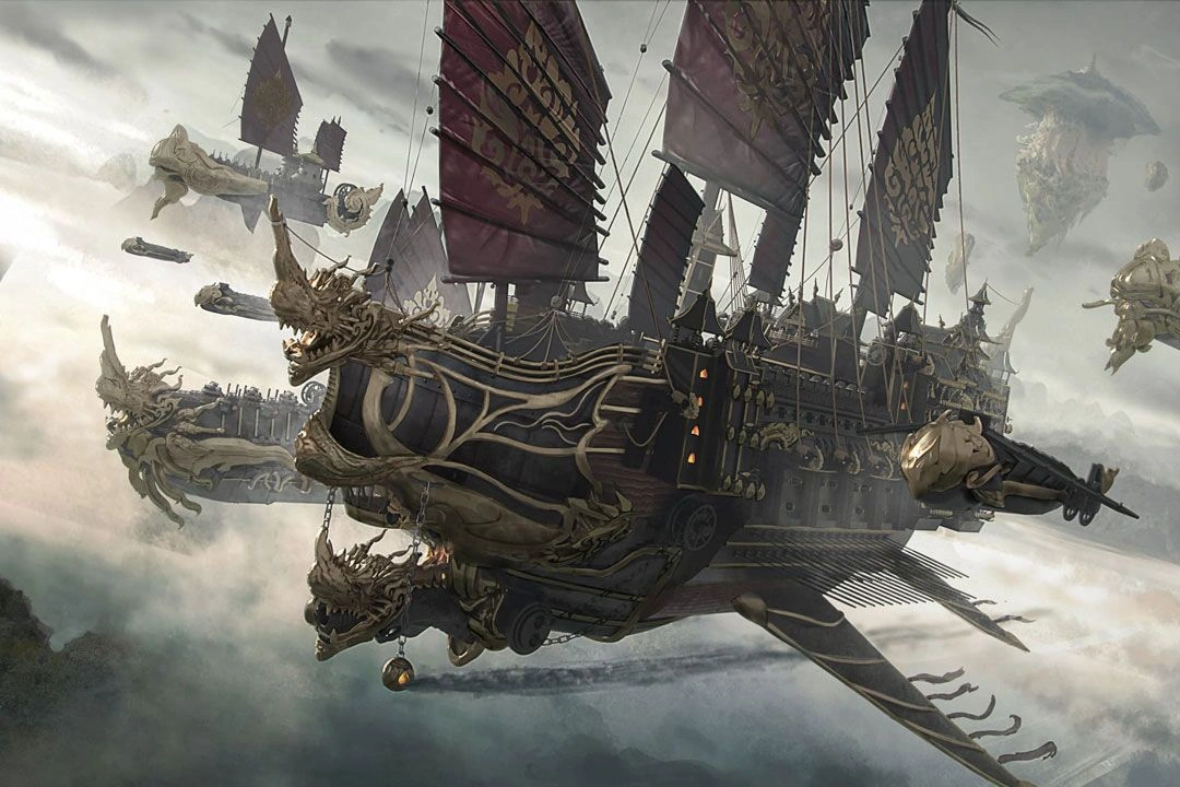 Fantasy warship scene from The Wheel of Time, featuring a dragon-prowed airship fleet soaring through a misty sky.