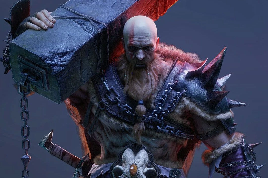 3D model of Kratos from God of War, carrying a large log and staring intensely, showcasing detailed character design.