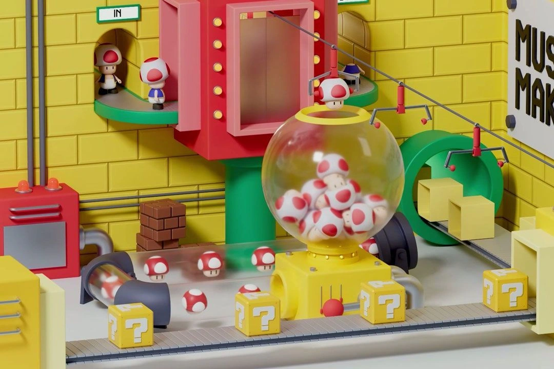 Multiple Toad characters from Mario, created by a student as part of a Motion Factory assignment, in yellow tones.