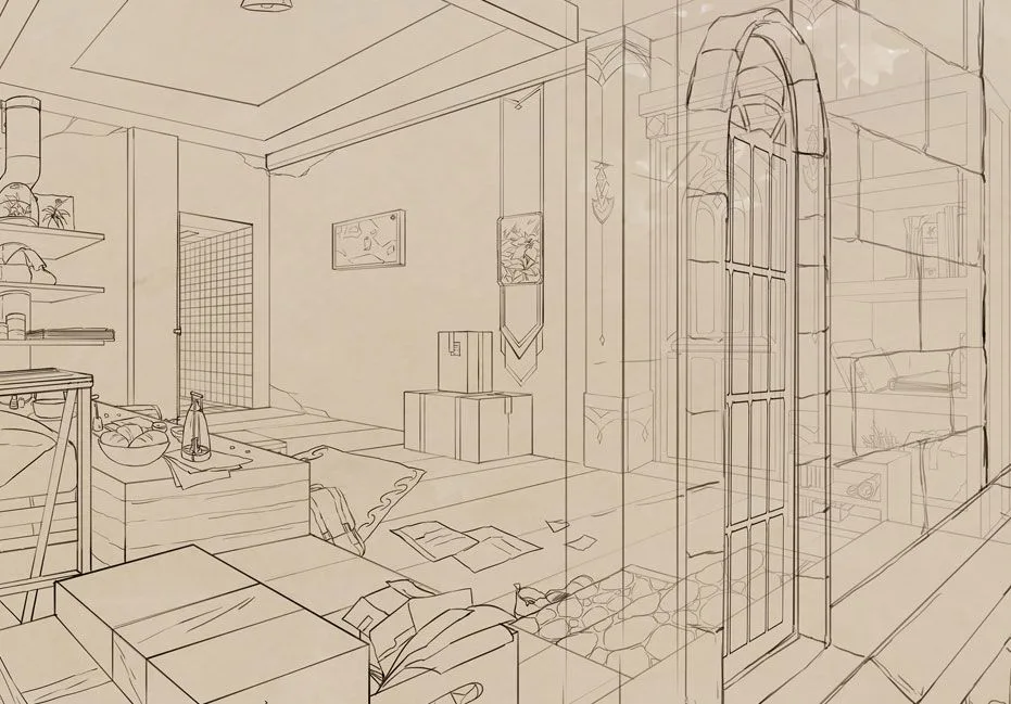 Line art drawing of a room's interior, featuring a cluttered table and shelves, using perspective to show depth.