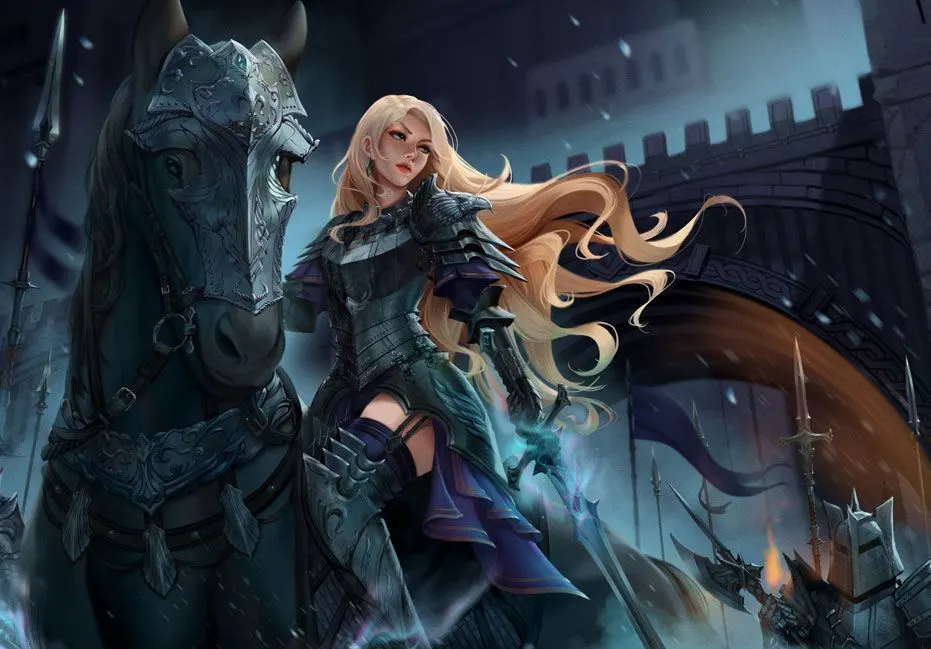 Illustration of an armored girl knight from the Black Legion of Sirius, holding a glowing sword and riding a black horse.