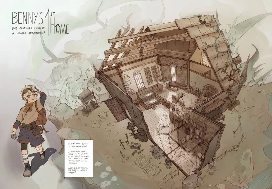 Illustration of a burned-down wooden house with Benny, dressed as a new adventurer, ready for a fresh journey.