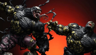 Venomized Hulk in battle mode, surrounded by snaking tendrils, emphasizing his powerful stance.