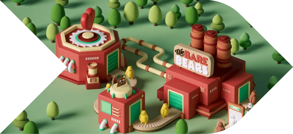 A colorful 3D illustration of a cartoon factory, created by a 3dsense Media School student in Singapore.