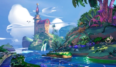 Stylized tropical environment from Dragon's Rise: The Forgotten Realms, featuring a castle amid lush vegetation.