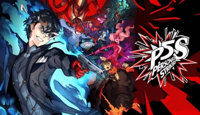 Persona 5 Strikers artwork featuring Joker wielding a gun alongside the Phantom Thieves.