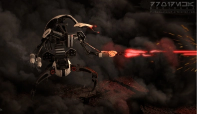 3D recreation of a Destroyer Droid from Star Wars, firing red lasers amid smoke and sparks.