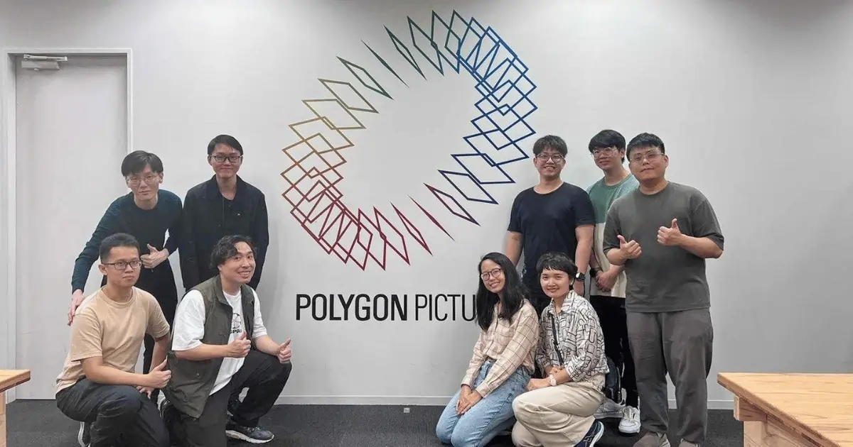 3dsense Media School students posing at Polygon Pictures during their Immersive Residency Program.