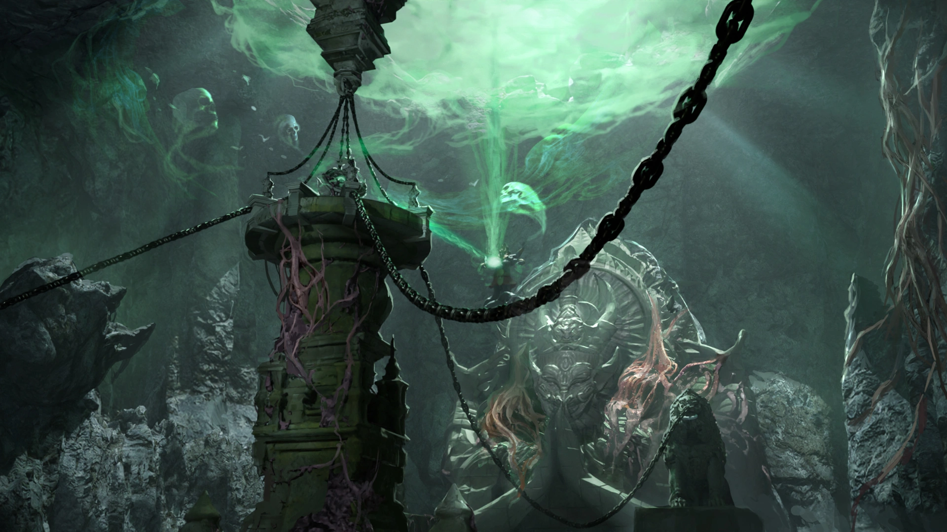 A shadowy underground chamber in eerie green mist, chains, and ancient stone structures with ominous faces and twisted roots.