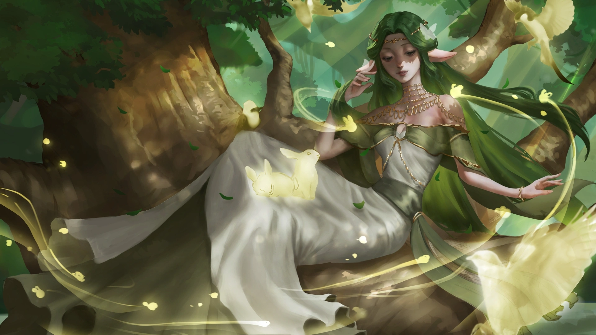 A mystical figure in elegant attire sits on a tree, surrounded by glowing rabbits and whimsical light in lush greenery.