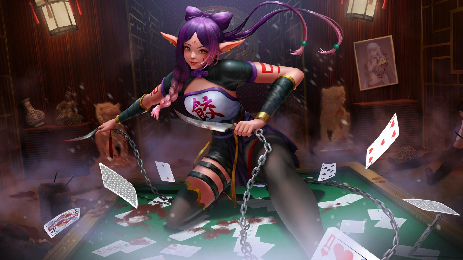 A dark, chaotic scene shows a character wielding a knife, surrounded by scattered playing cards and a smoky atmosphere.