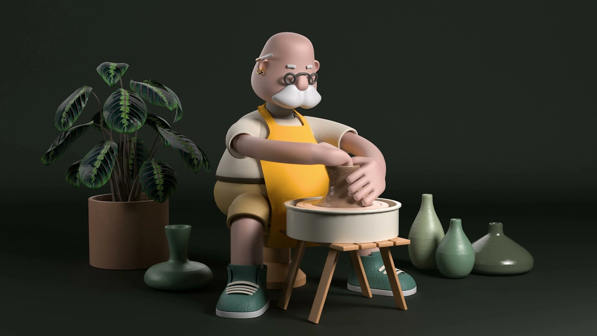 An elderly man with glasses and a mustache works on a pottery wheel, surrounded by green plants and ceramic vases.
