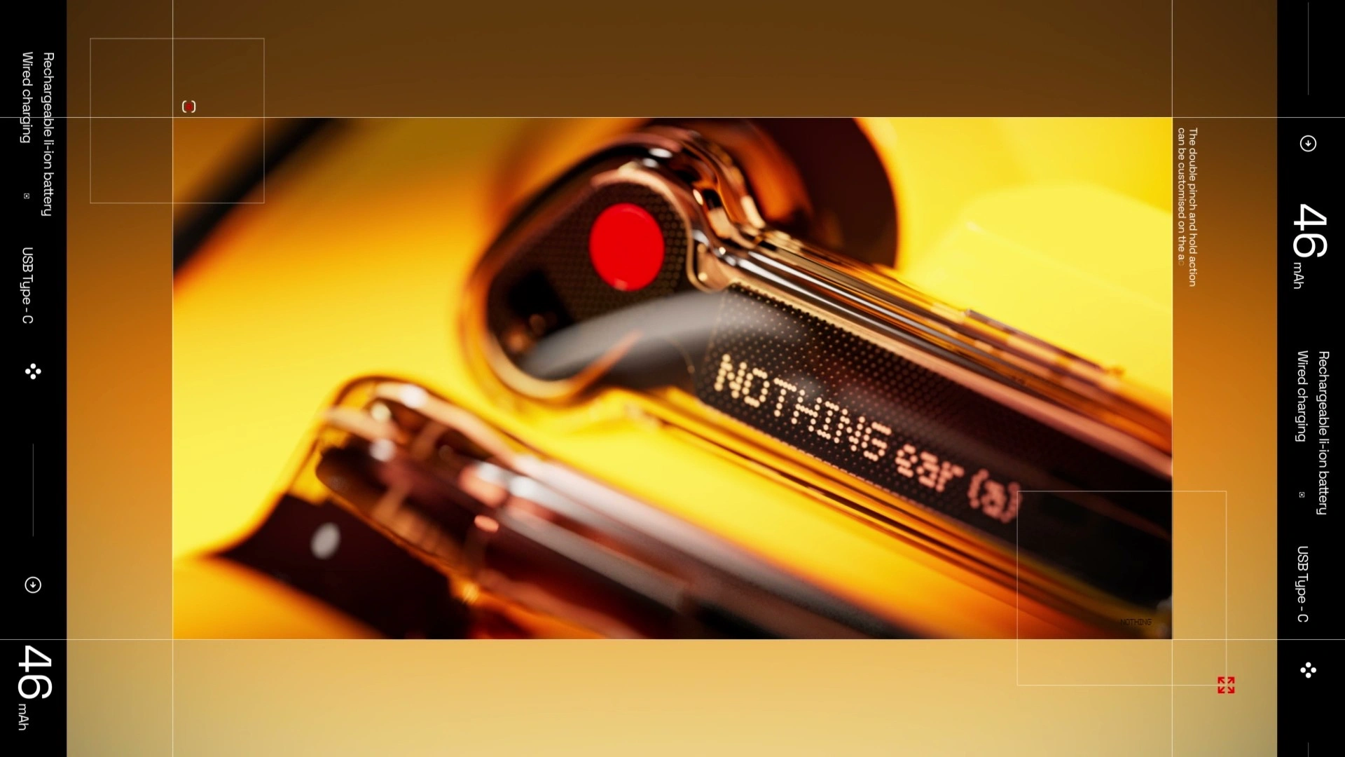 Close-up of Nothing Ear (1) earbuds, highlighting sleek design, rechargeable battery, and USB-C charging.