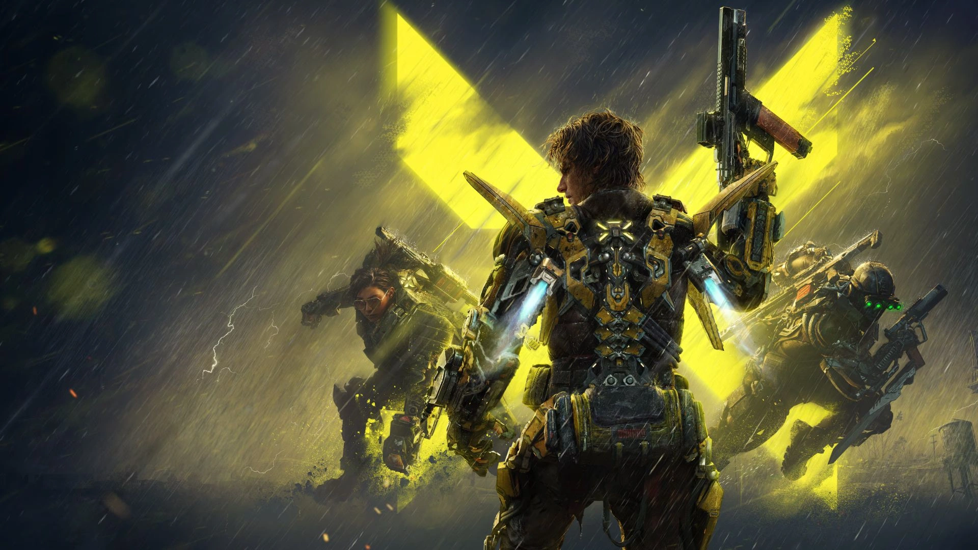A futuristic warrior in armor wielding guns stands confidently, flanked by two allies against a vibrant yellow backdrop.
