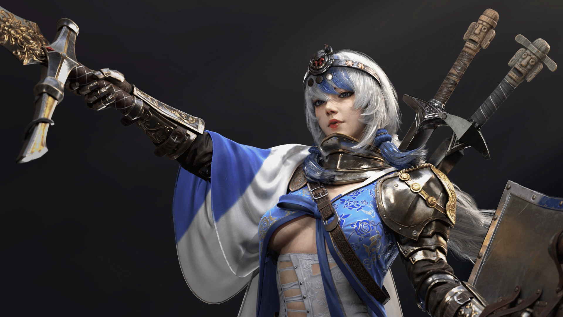 A warrior in ornate armor, silver hair, headband, dual swords, and holding a weapon against a dark background.