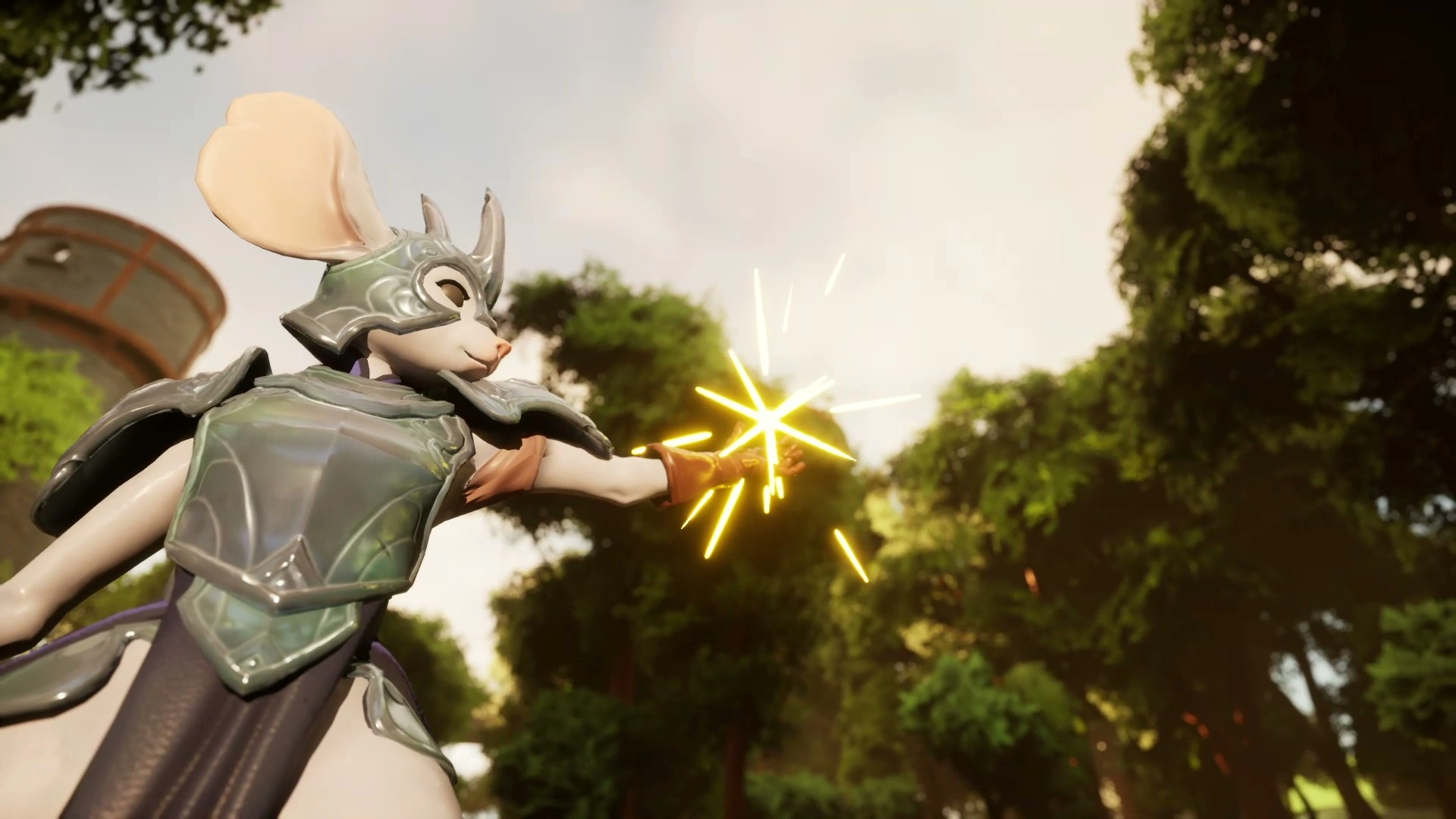 A heroic mouse in shiny armor casts a spell, sending out sparkling energy amidst lush greenery under a bright sky.