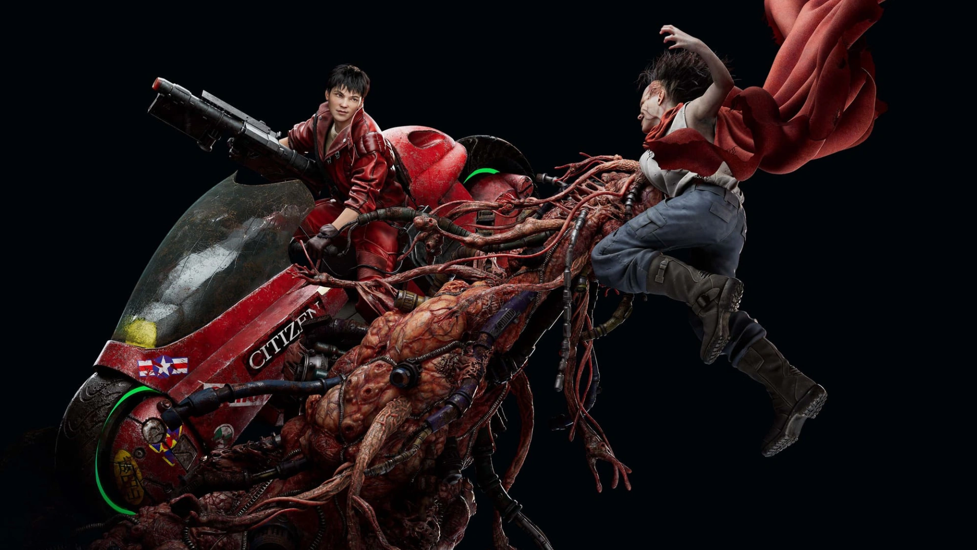 A red futuristic motorcycle intertwined with grotesque organic tendrils showcases a dramatic battle scene in a dark backdrop.