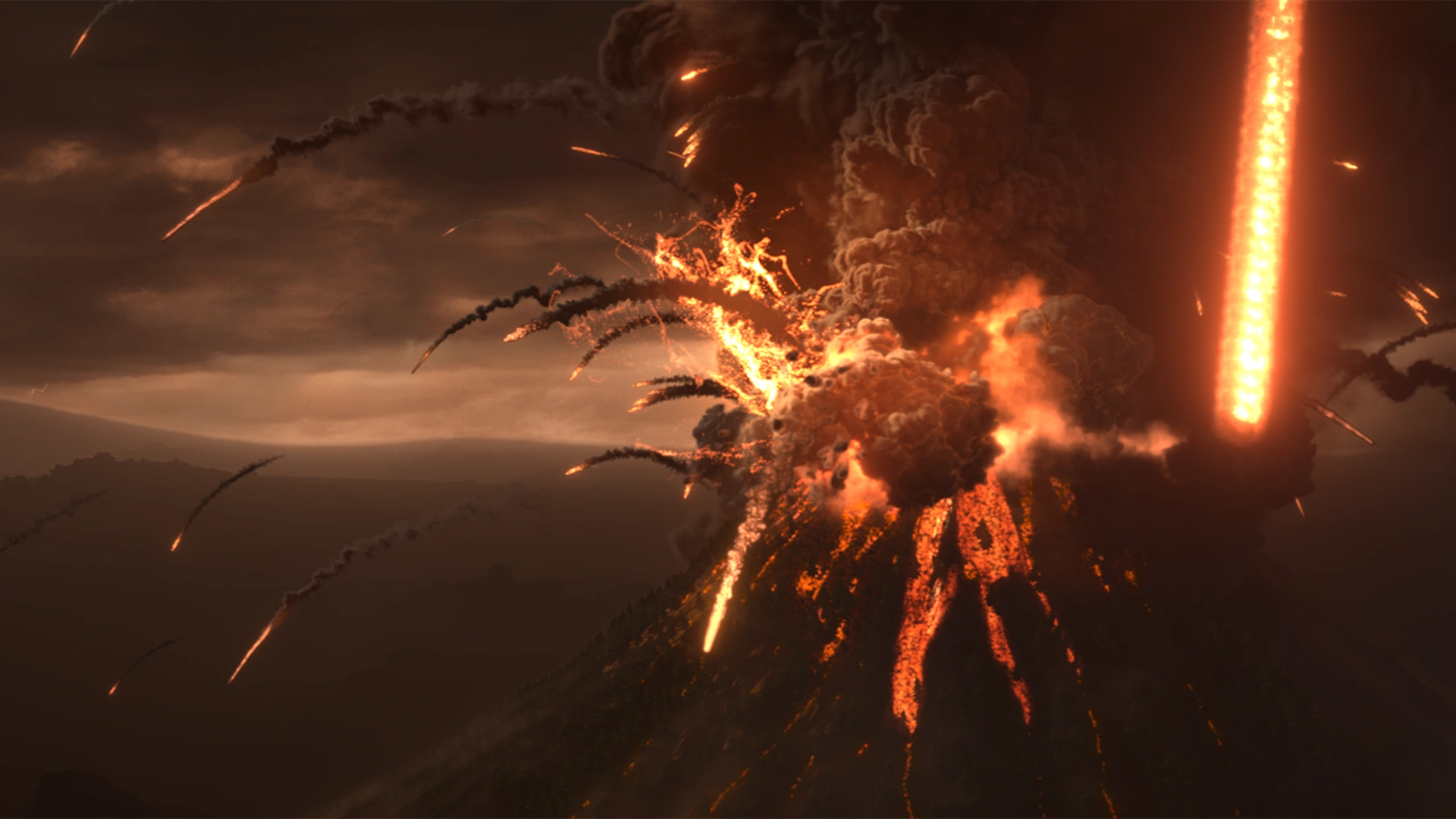 A dramatic volcanic eruption expels lava, ash, and fiery projectiles into the darkened skies above an ominous landscape.