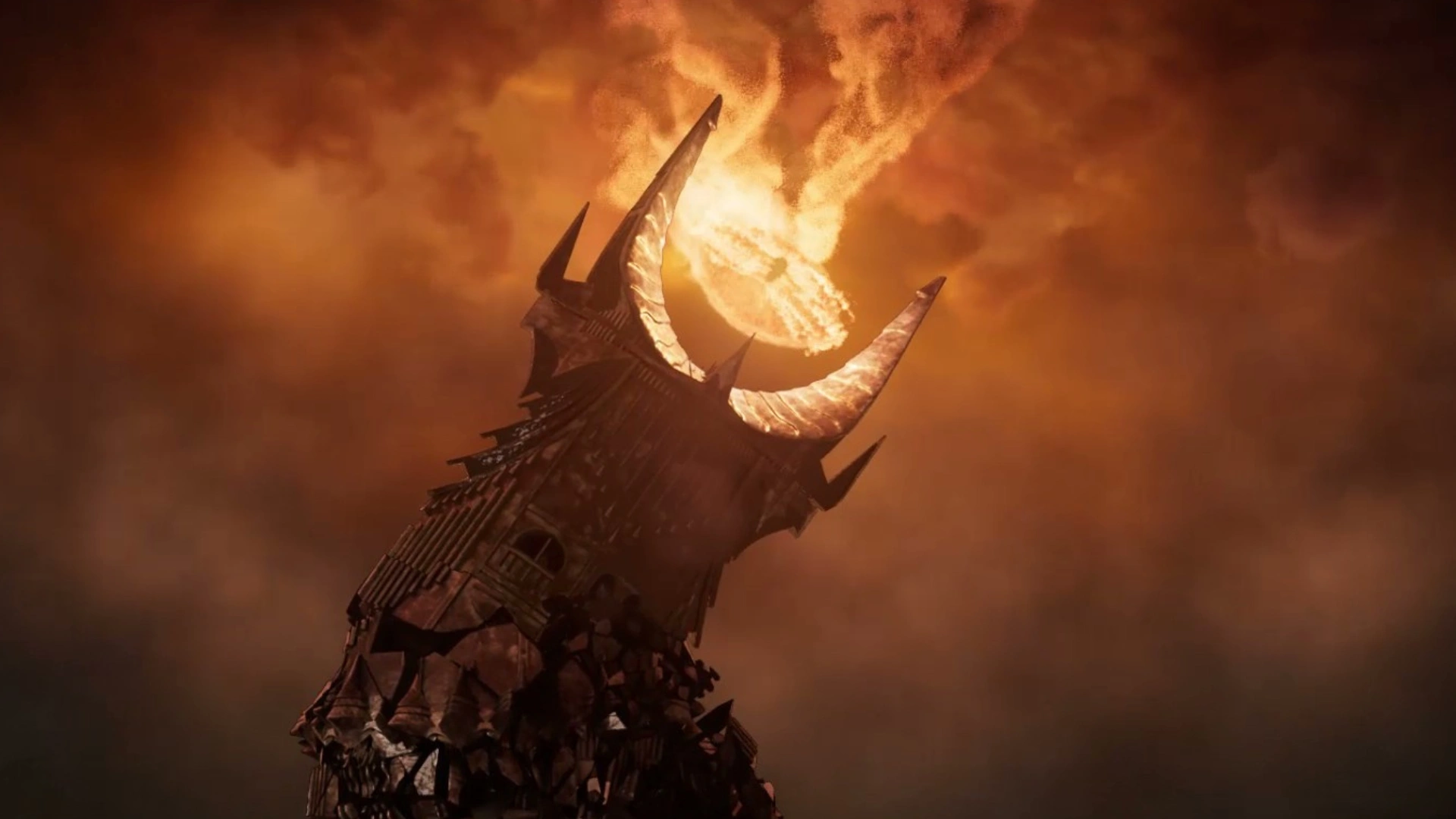 A dark, menacing tower with sharp spires reaches towards a fiery, glowing eye in a stormy orange sky.