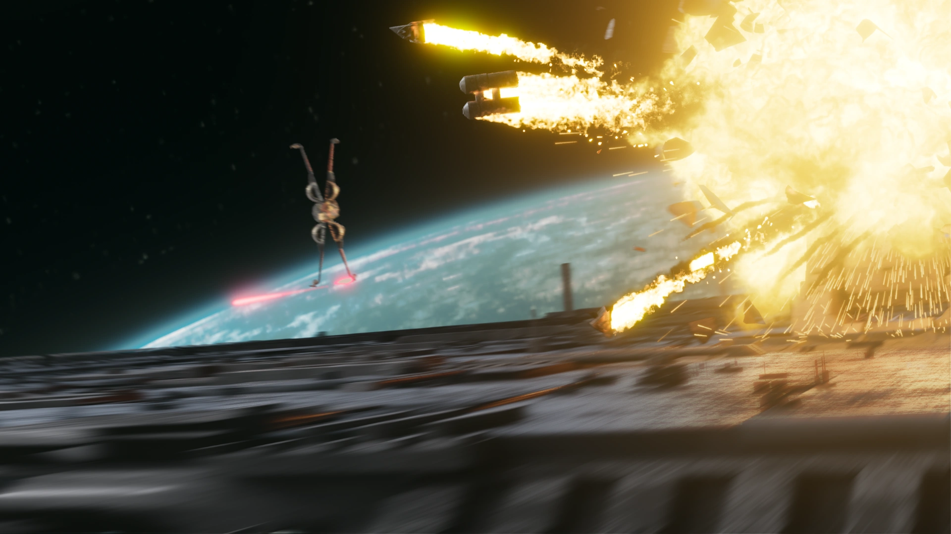 A chaotic space battle scene with explosions, rockets launching, and burning objects across a distant planet. 