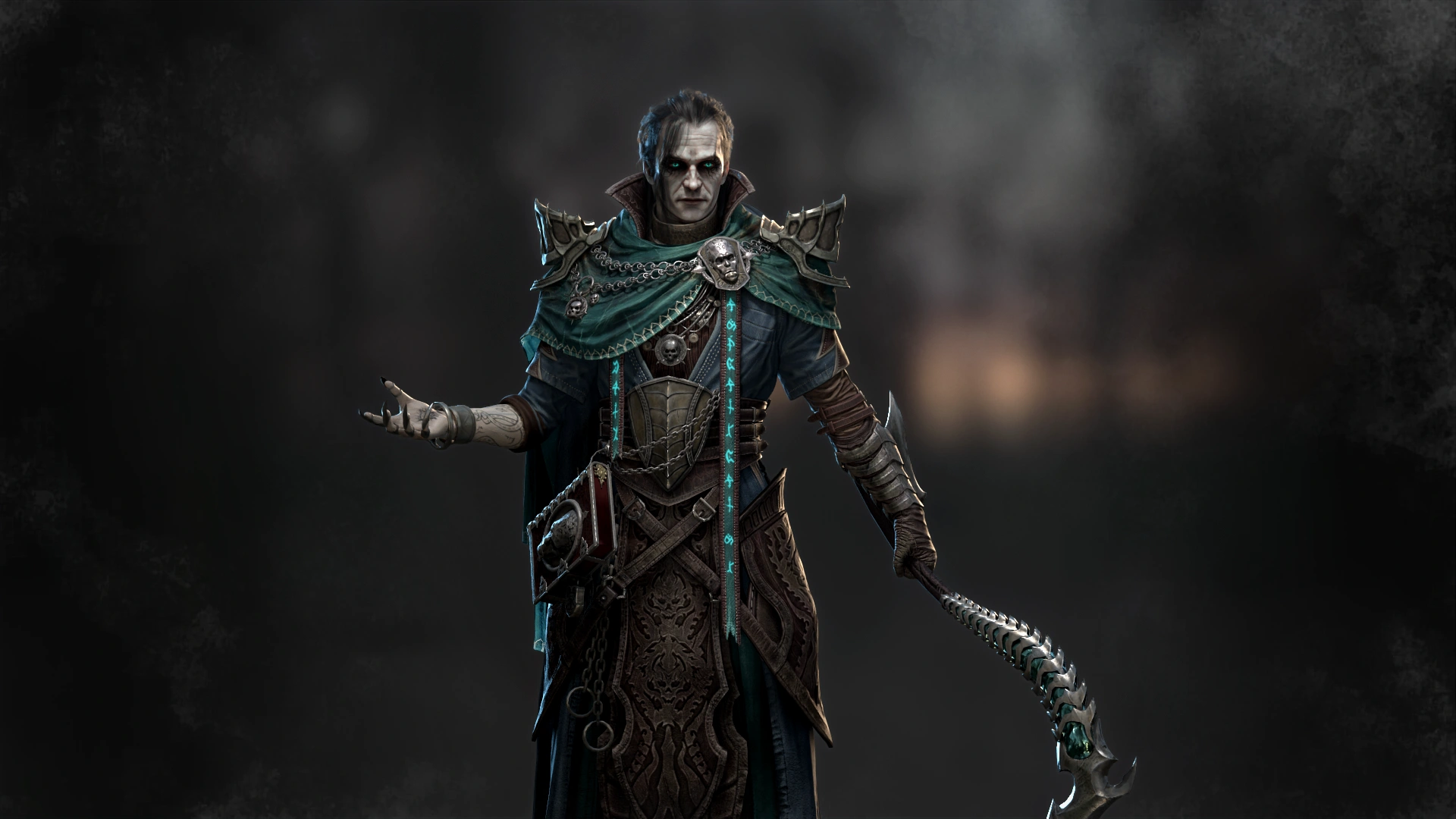 A cloaked figure adorned in intricate armor, grasping a spiked staff, surrounded by a mysterious, dark backdrop.