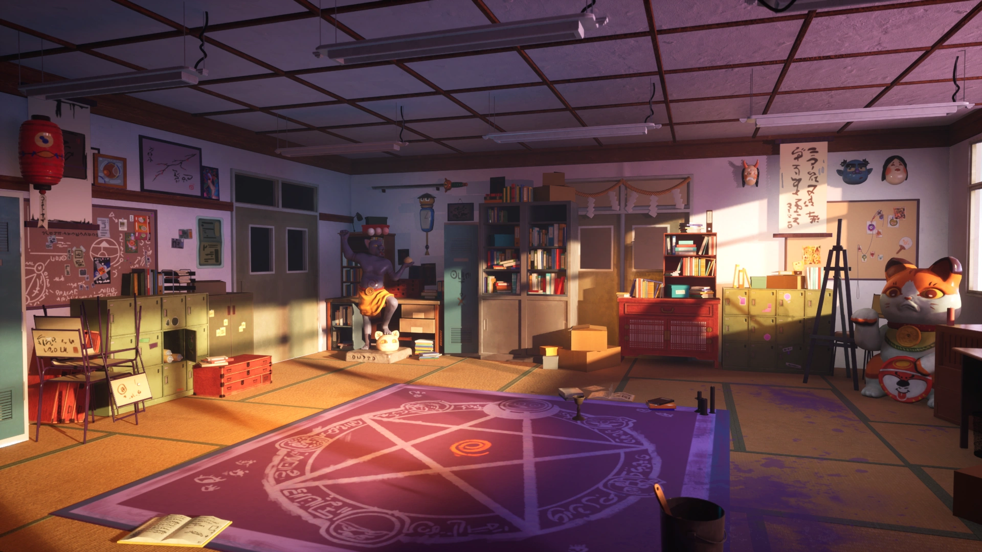 A cozy room filled with shelves of books, image frames, and various cultural decor, including a cat statue.