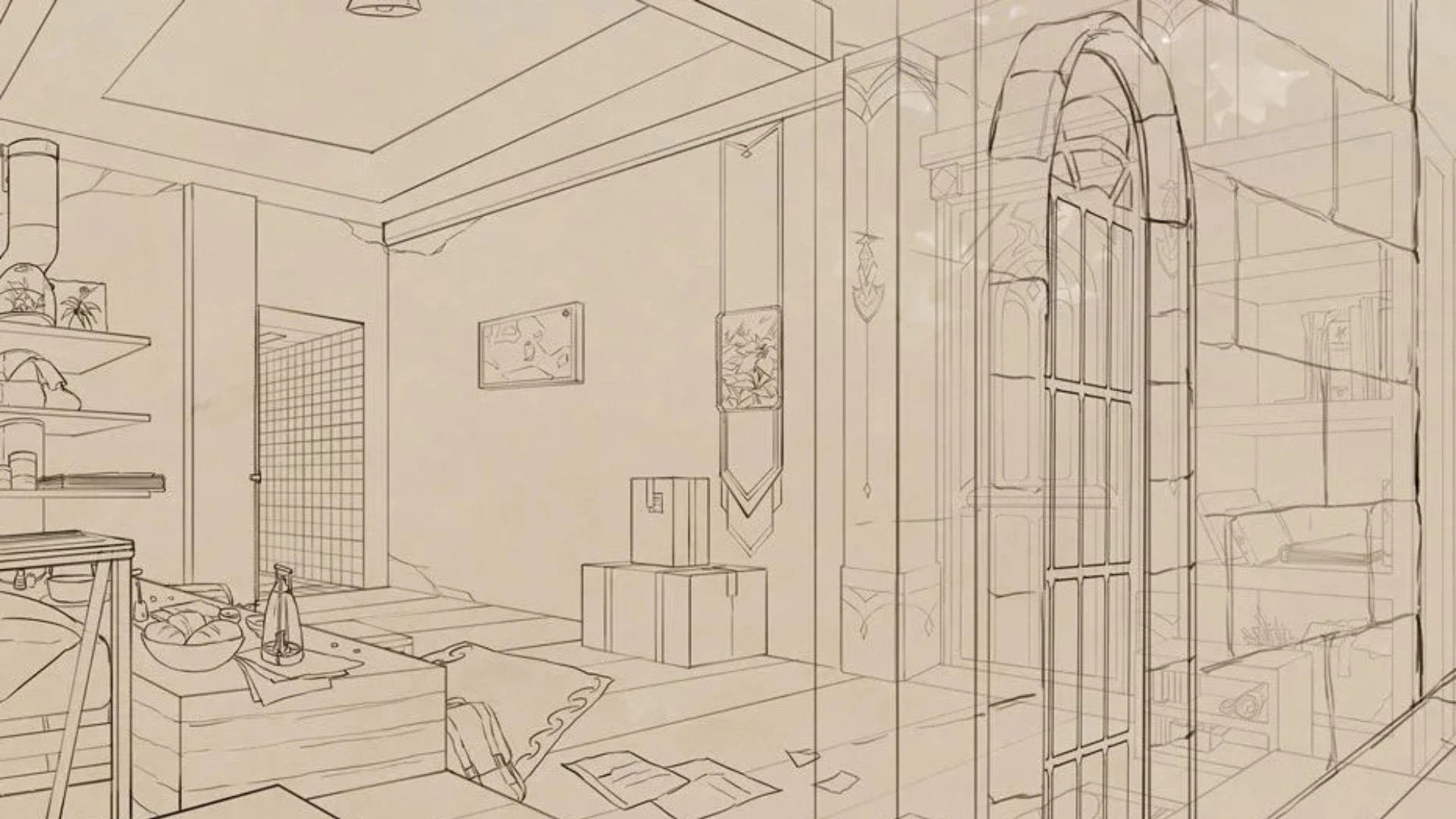 Line art of a cozy, disheveled room with shelves, boxes, and an arched door, highlighting a warm, lived-in atmosphere.