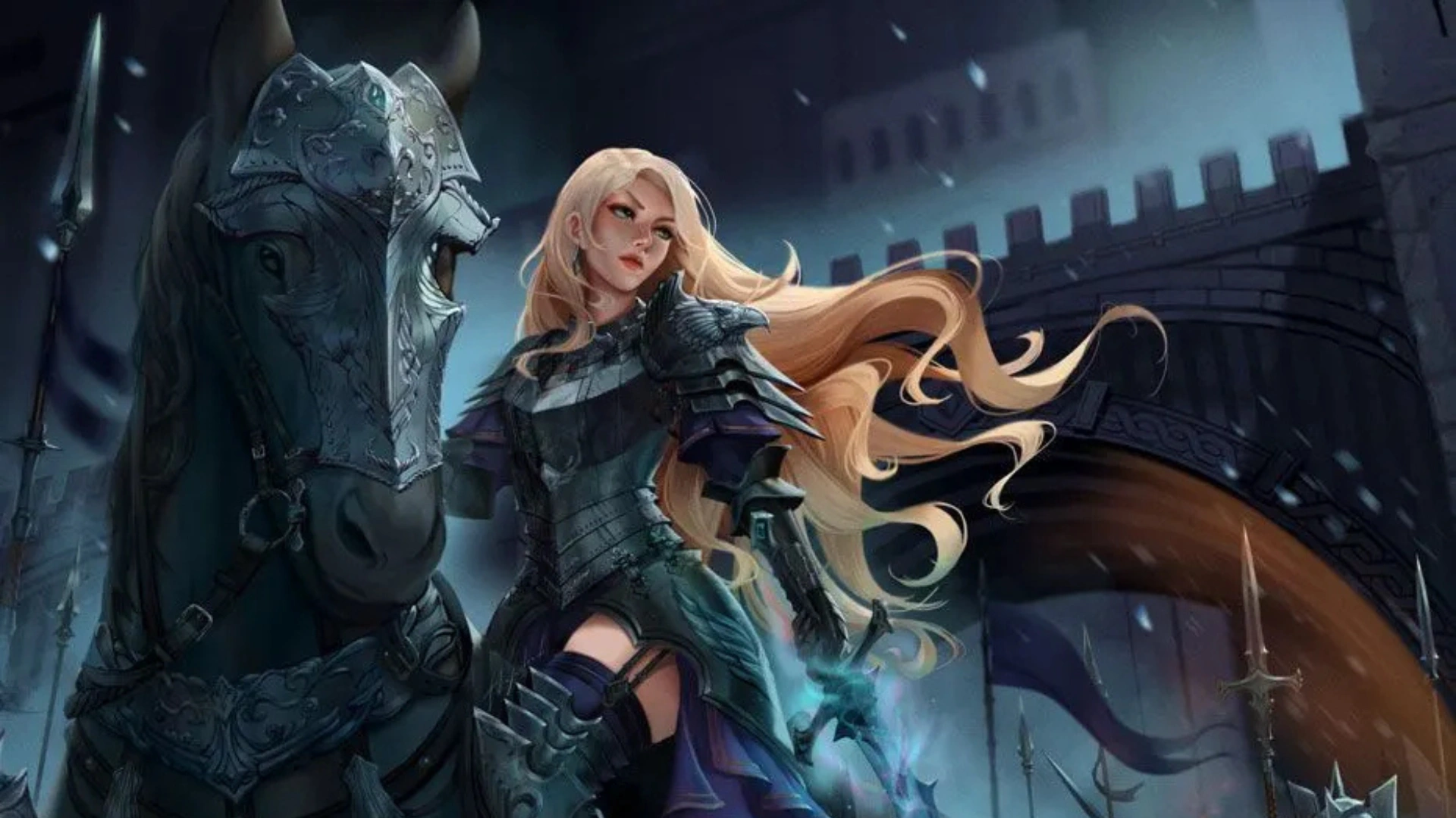 A fierce warrior in ornate armor stands beside a majestic black horse, set against a dark, stormy background.