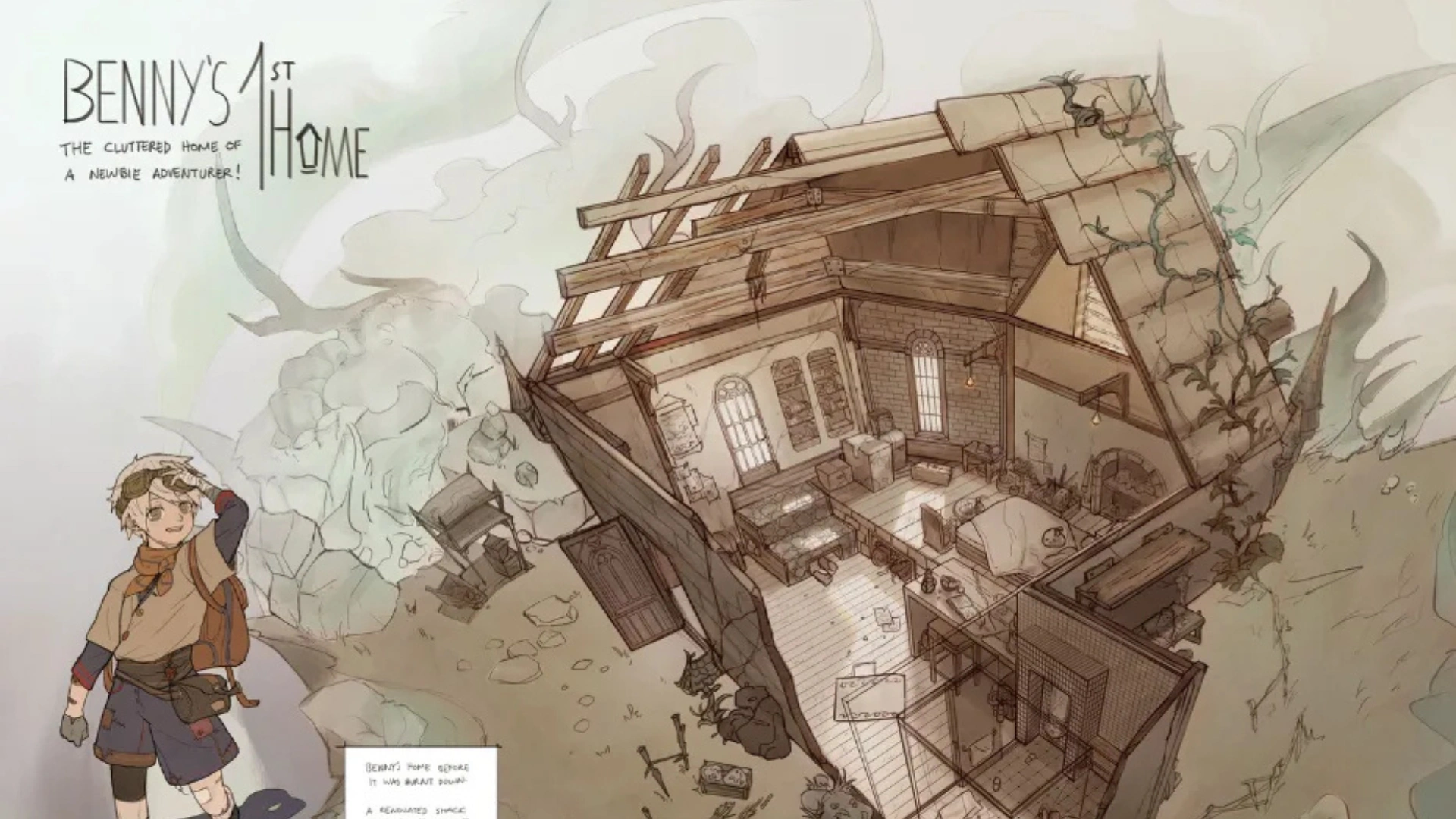 A whimsical illustration of an old, cluttered home with exposed beams and scattered furniture.