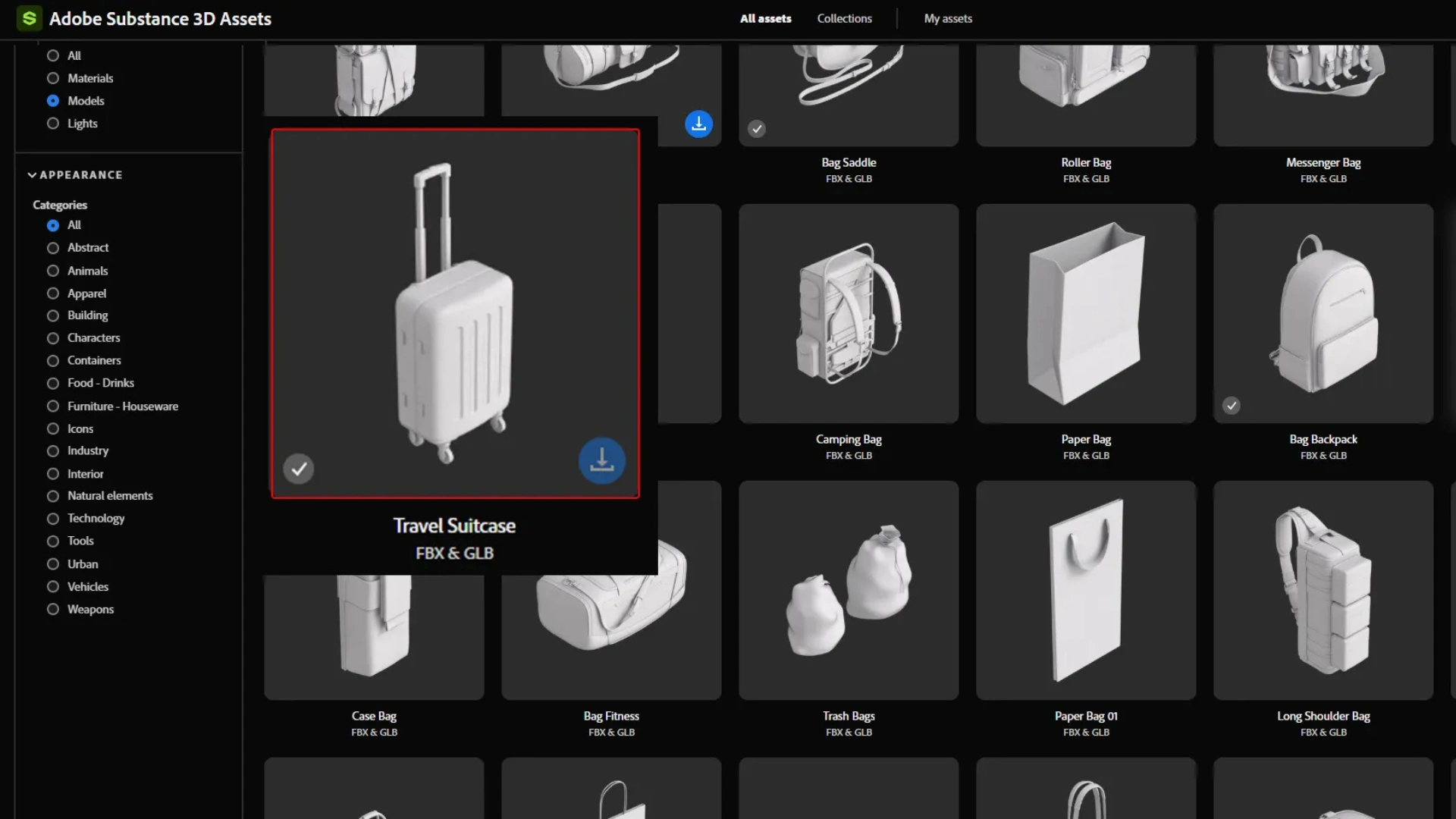 A white travel suitcase with a retractable handle and wheels, displayed among various 3D asset models in Adobe Substance.