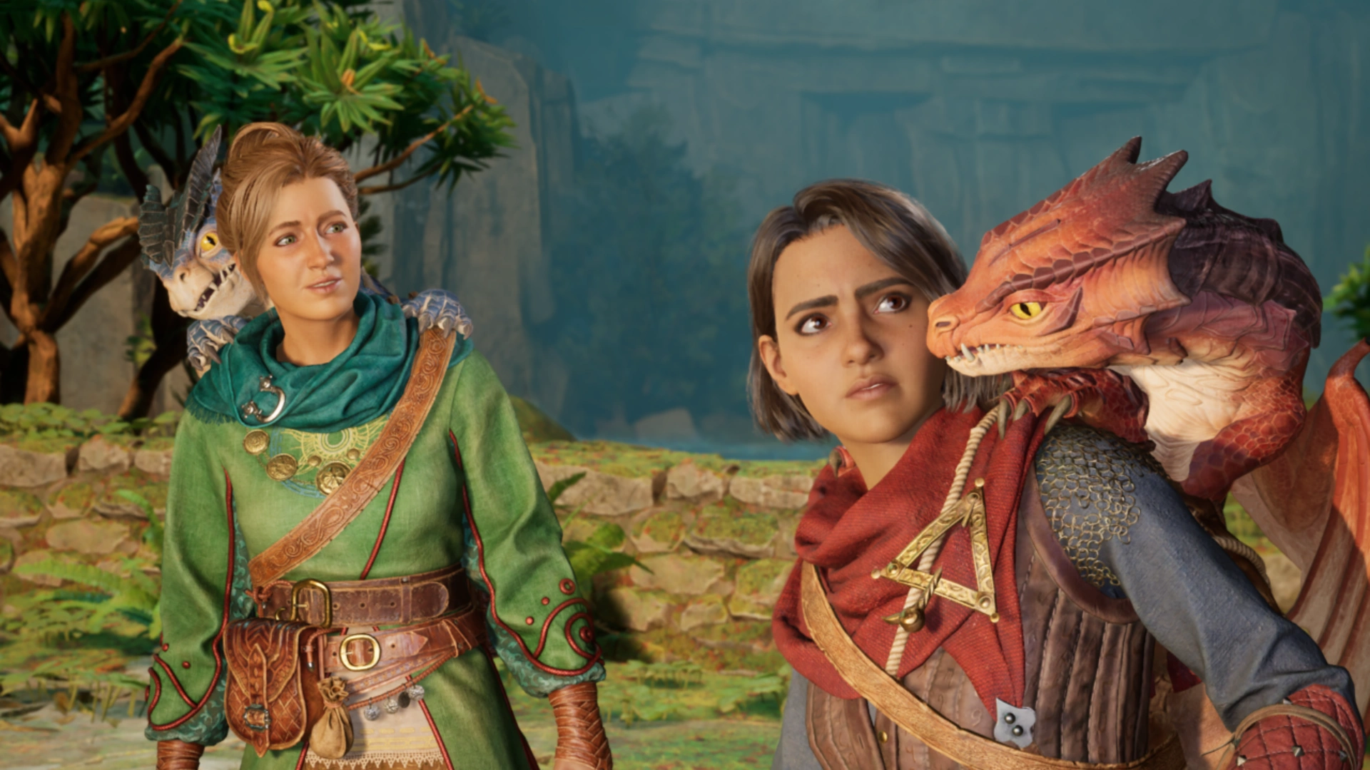 Two fantasy characters stand together in a lush, green landscape with a dragon perched on one’s shoulder, showcasing vibrant costumes.