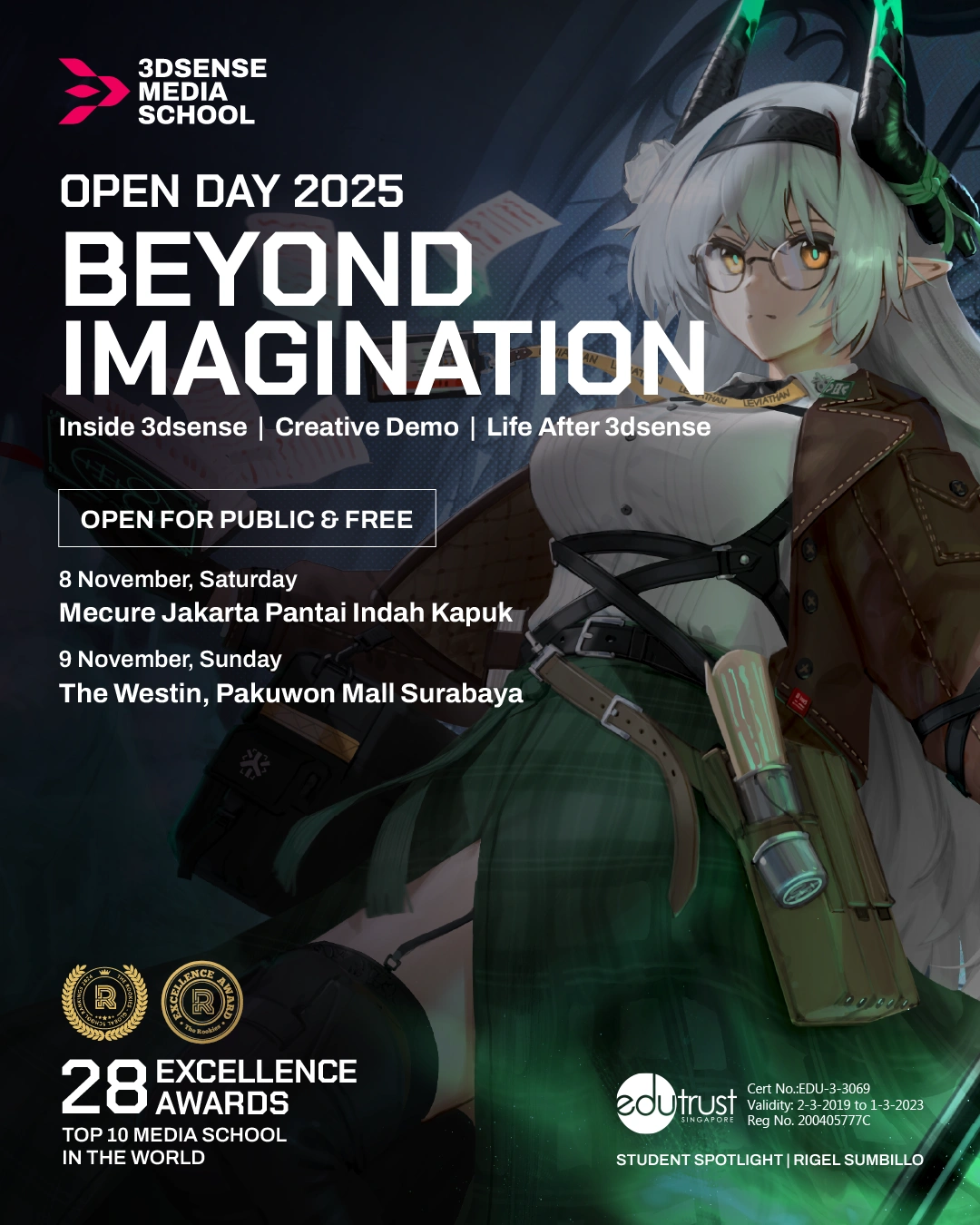 3dsense Media School students featured on vibrant Open House banners promoting the June 28, 2025 event.