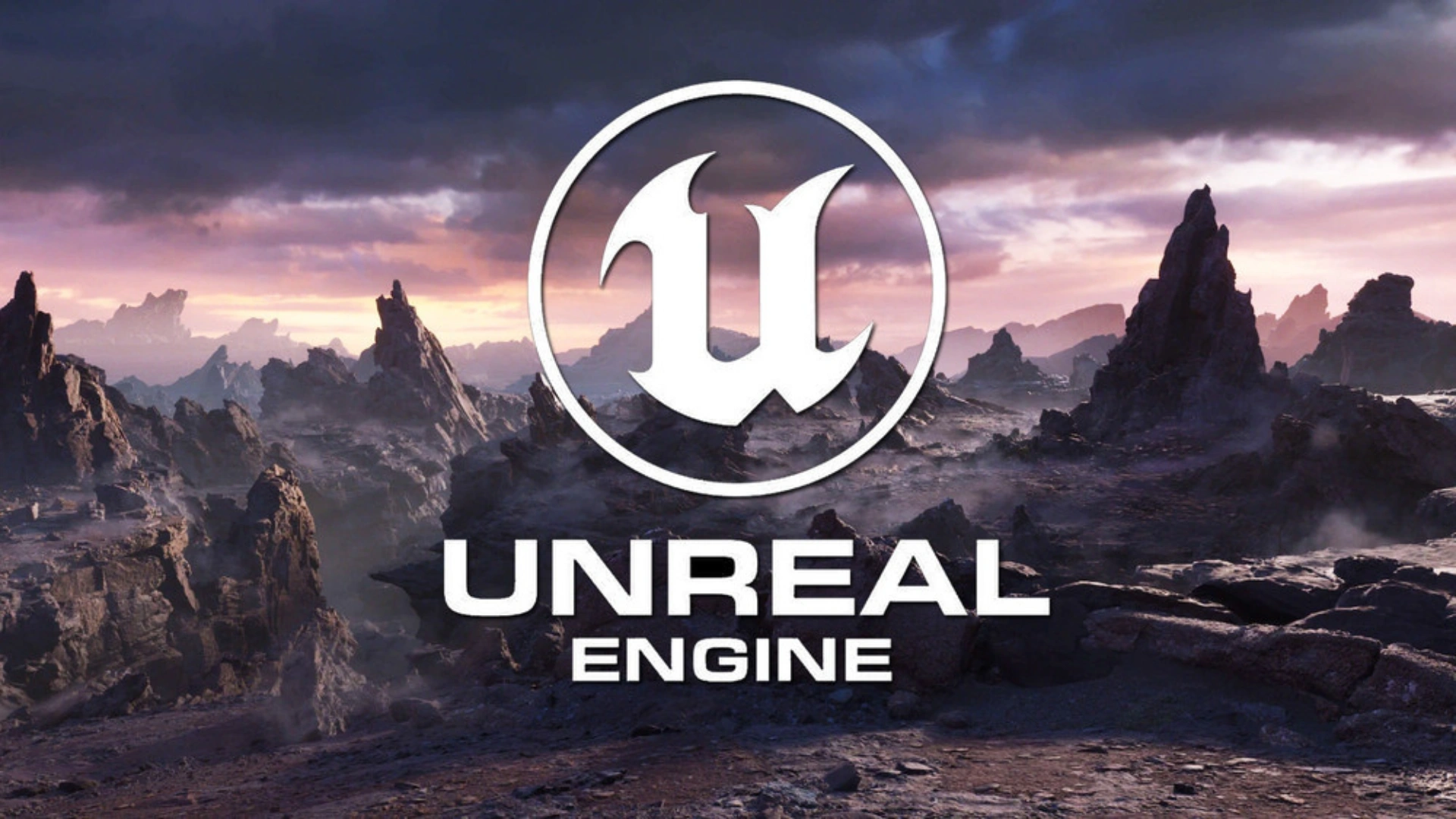 A dramatic landscape with rocky terrain under a moody sky, featuring the Unreal Engine logo prominently in the foreground.