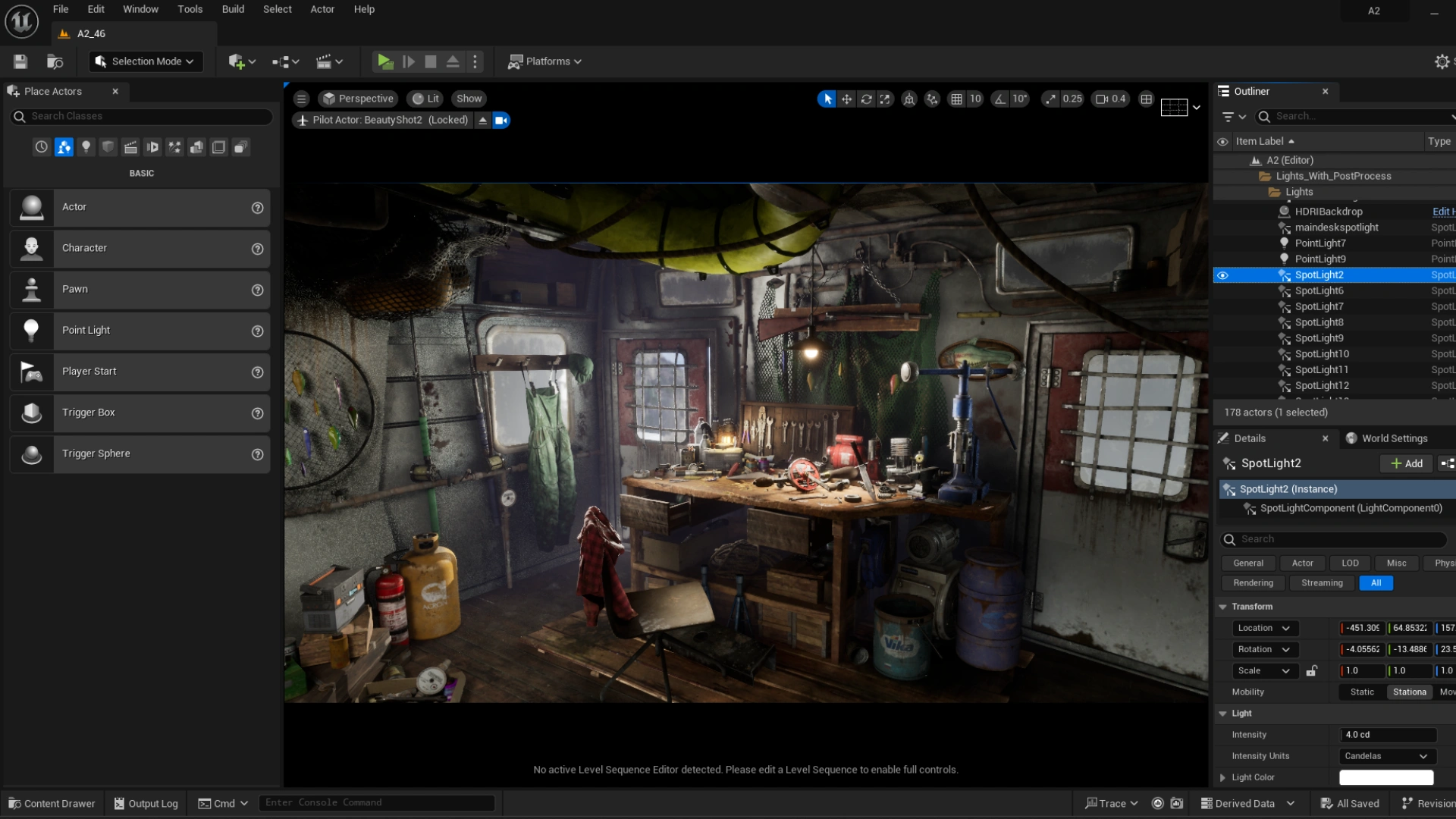 A cluttered workshop interior with tools, a workbench, and various items strewn about; illuminated by warm lighting.