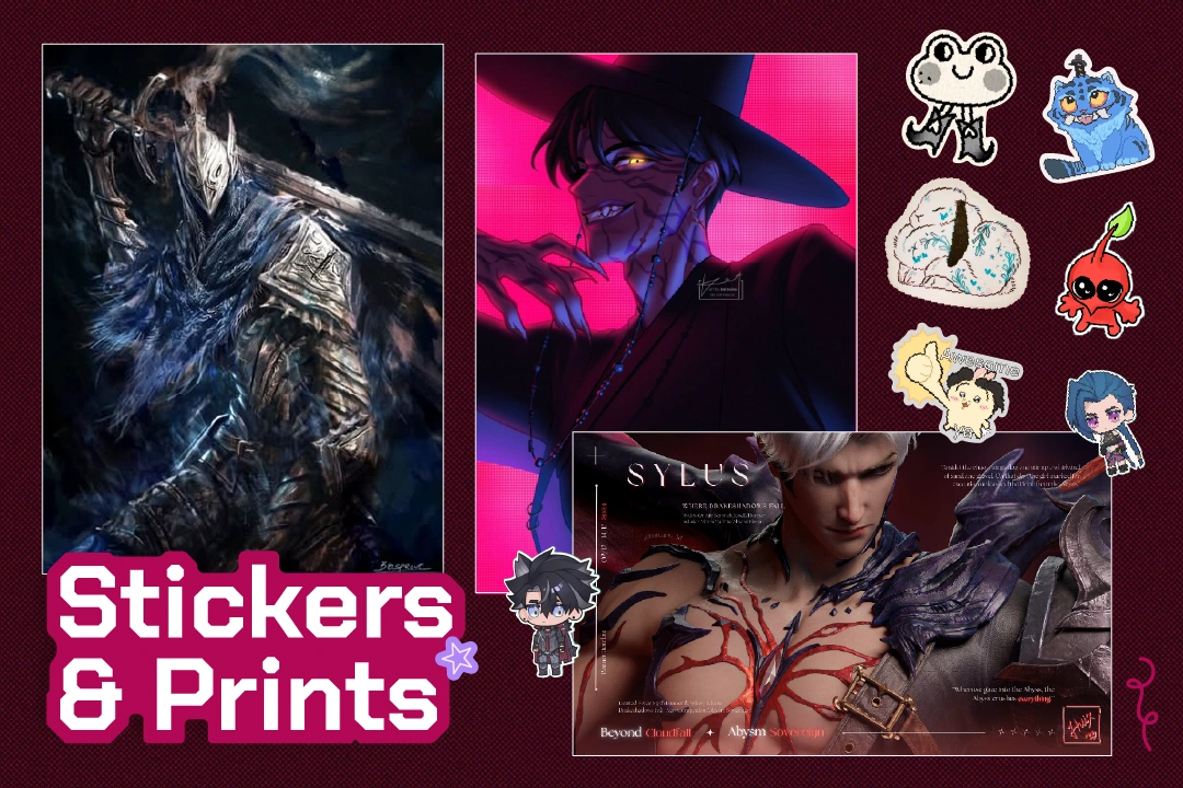 A vibrant collage featuring fantasy art, including a knight figure, a sinister character, and colorful stickers of various creatures.