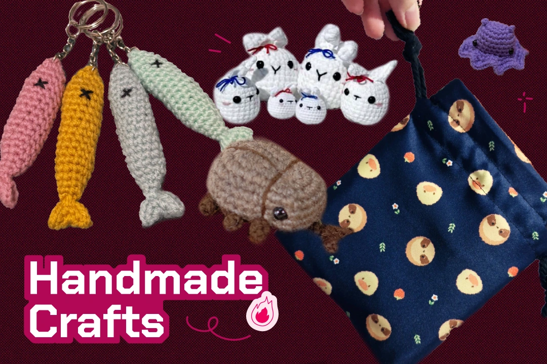 A collection of colorful handmade crochet items, including fish keychains, bunny figures, and a patterned drawstring bag.