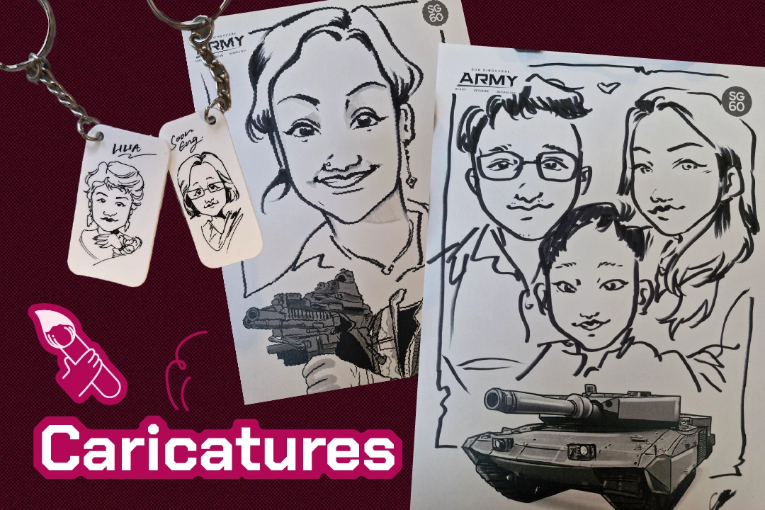 Two keychains with caricature drawings beside sheets featuring sketched caricatures and a tank illustration, labeled 