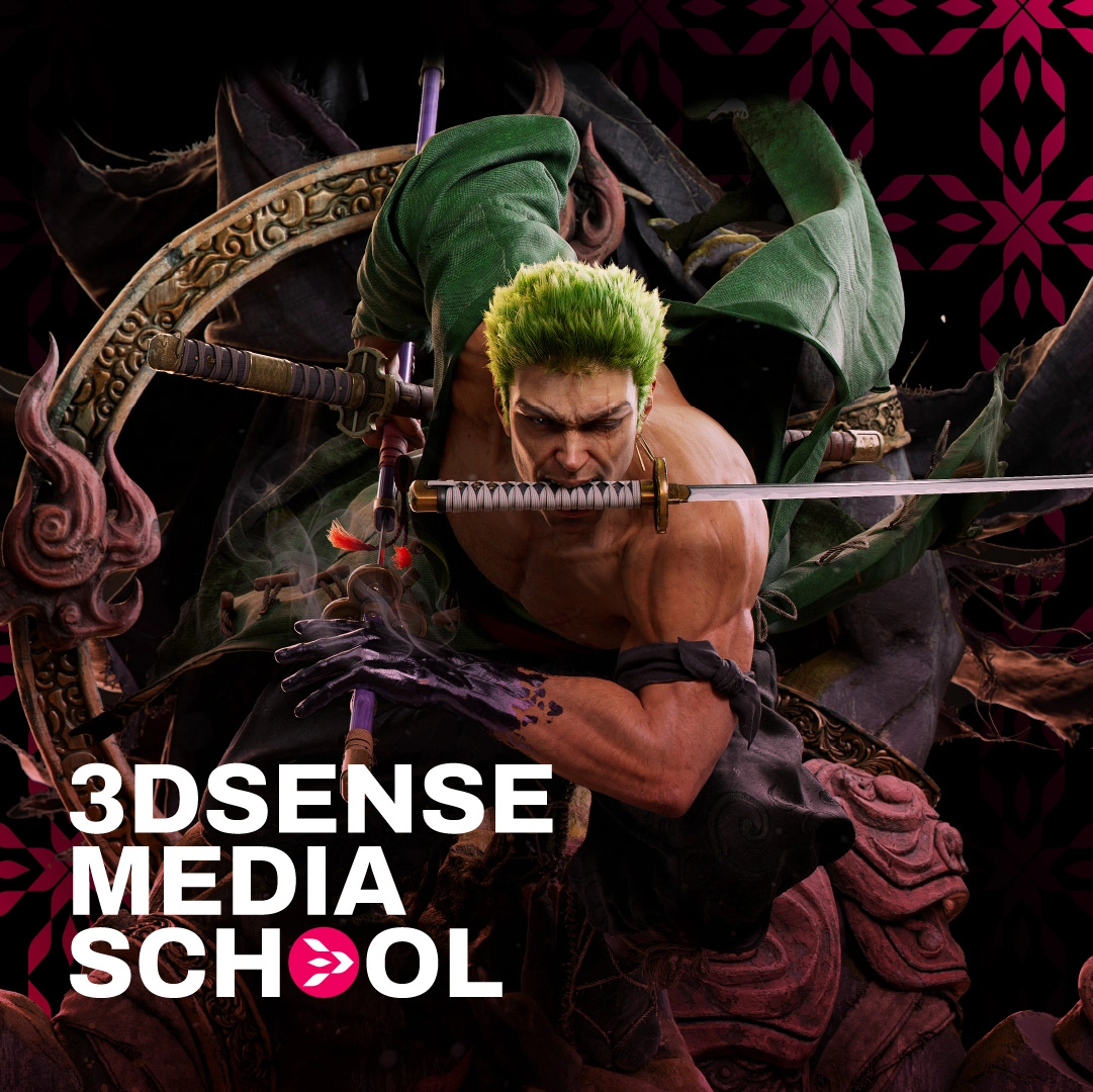 3D Model of Zoro in a dynamic pose, wielding swords, surrounded by dramatic shadows and intricate designs.