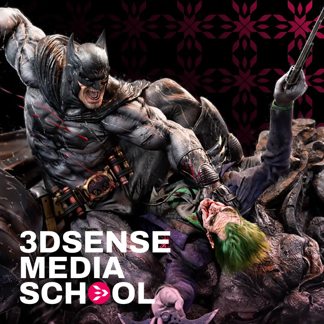 Student artwork featuring Batman and Joker, showcased by 3dsense at Comic Con.