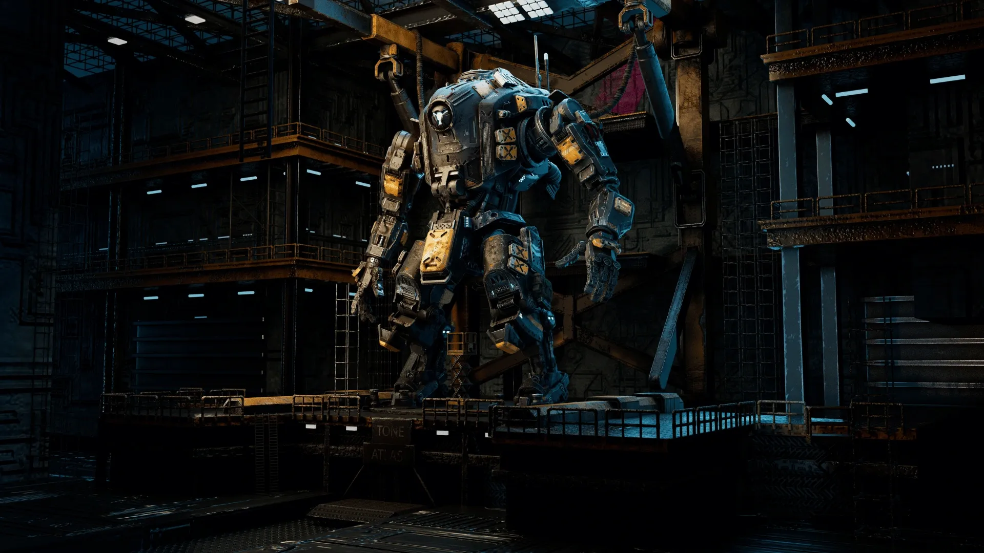 A large industrial mech stands on a platform in a dimly lit factory, surrounded by metal structures and blue lighting.