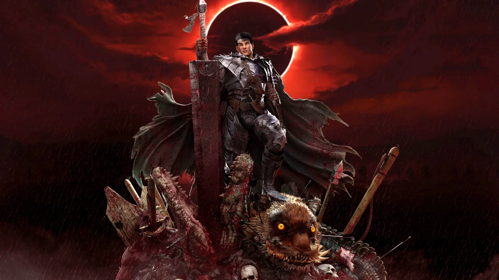 A warrior in dark armor stands triumphantly on a mound of defeated creatures, silhouetted against a blood-red eclipse.