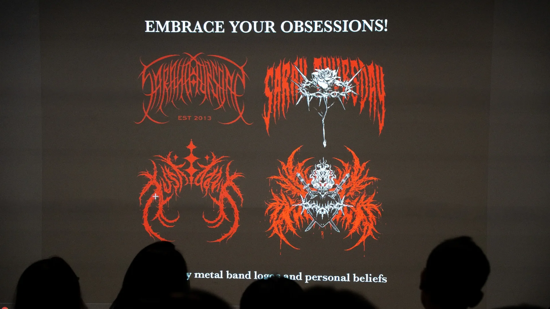 A presentation slide featuring four intricate metal band logos in red and white, with the title 