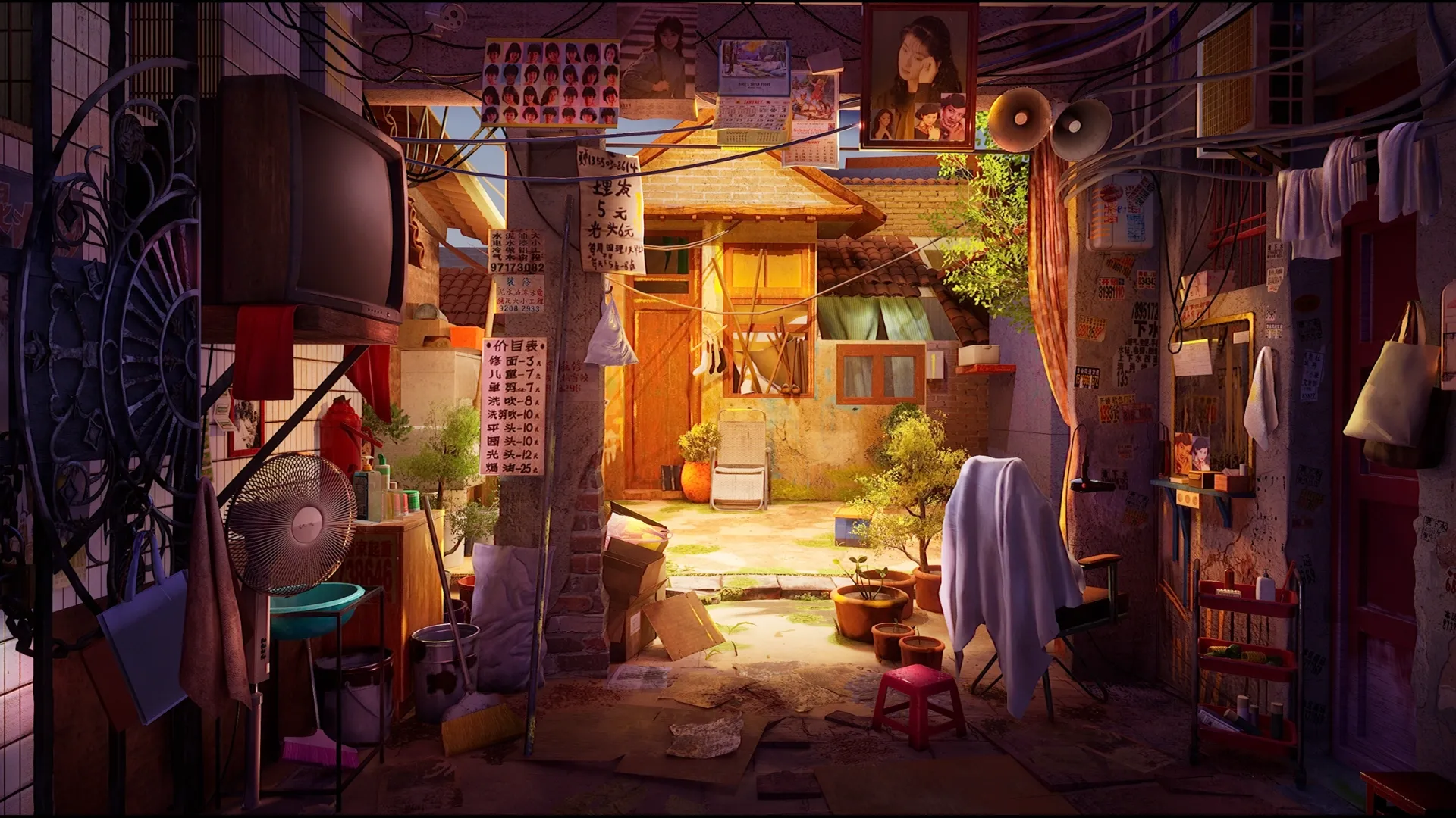 A cluttered alleyway filled with vibrant plants, furniture, and various posters, showcasing a rustic urban charm.