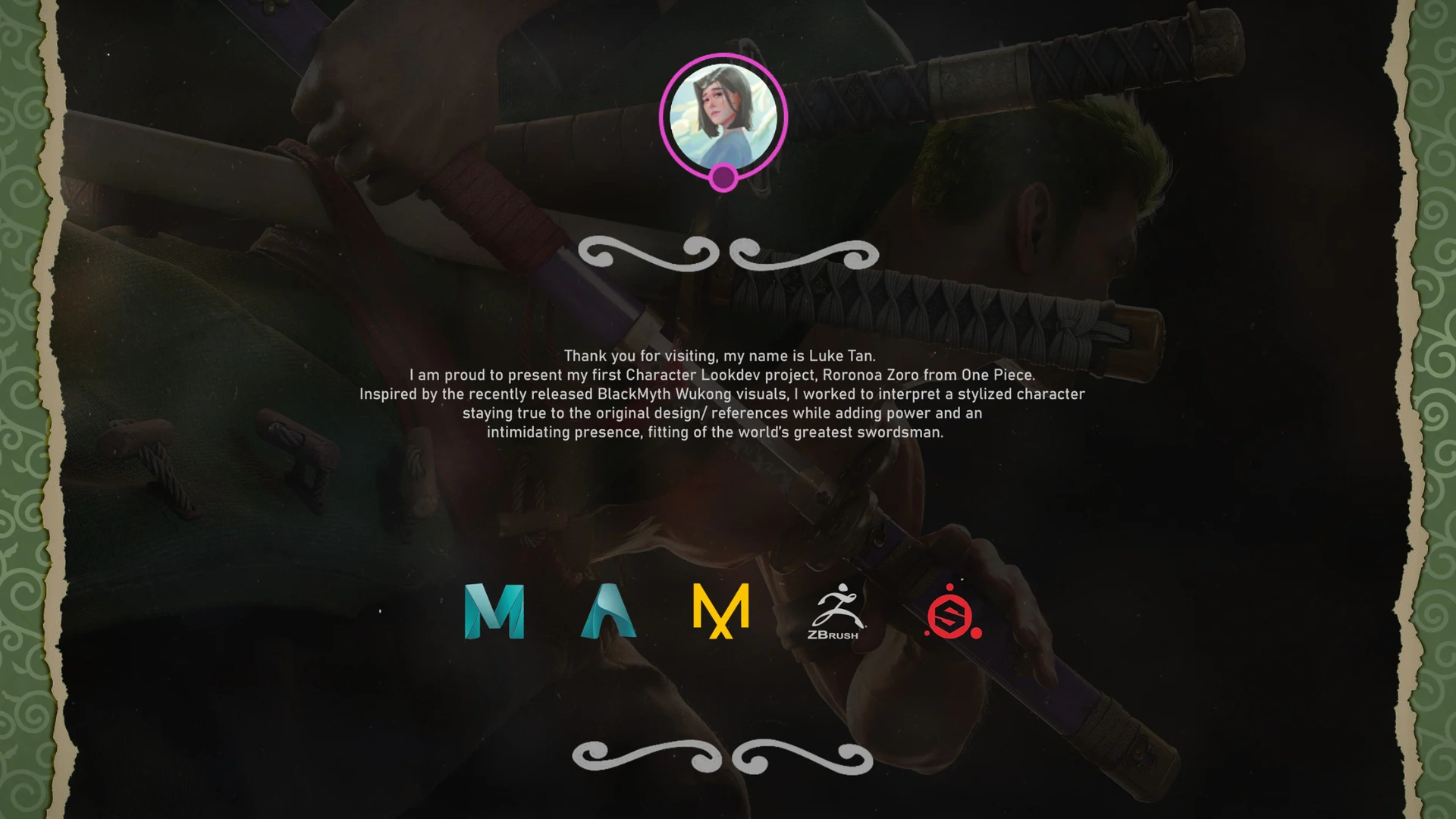 Screengrab of Luke Tan introducing himself and his contributions for a LookDev project in his Rookies award submission