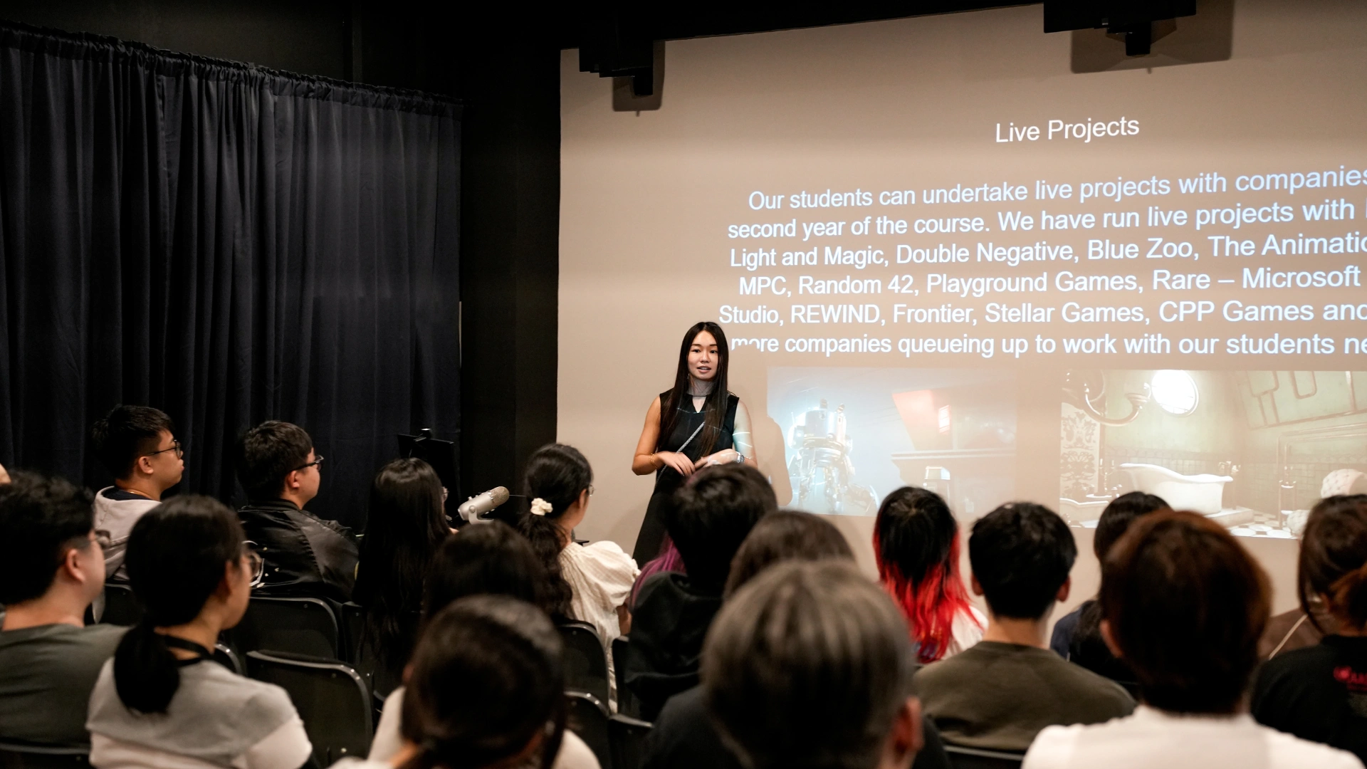 Karen Wu, Country Manager of University of Hertfordshire, speaking at 3dsense Media School during a student session.