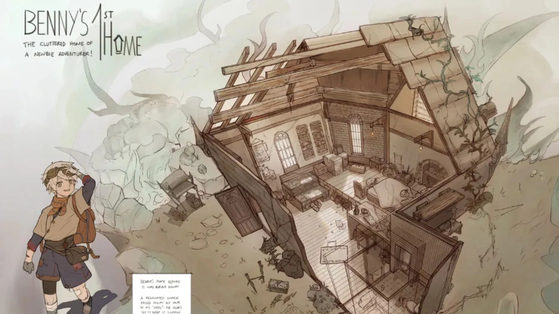 Art & Design Foundation student Joo Liew’s perspective illustration, depicting “Benny’s First Home” with detailed spatial and architectural elements.