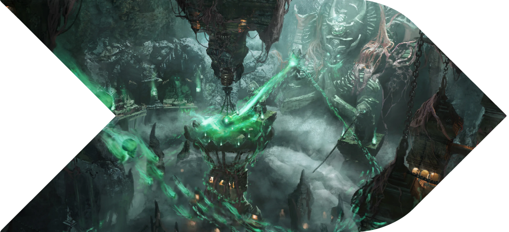 Serpent's Teahouse, a concept art piece featuring an ornate tea house with lanterns, intricate roofs, and furniture.